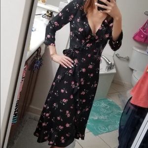 Floral long sleeve black wrap dress
